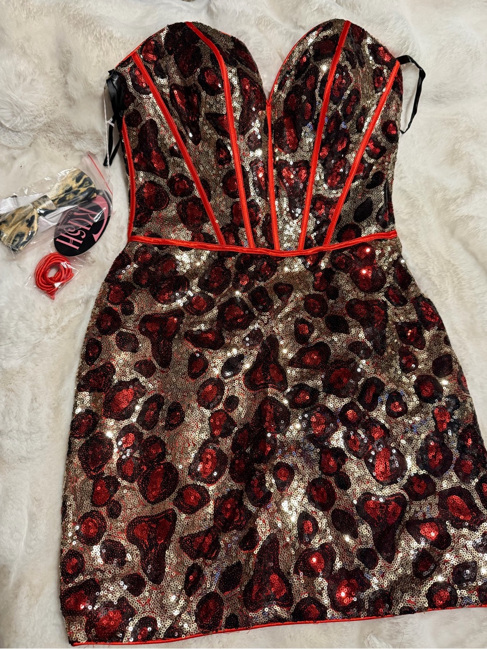 Red Sequin Leopard Print Strapless Mini Dress